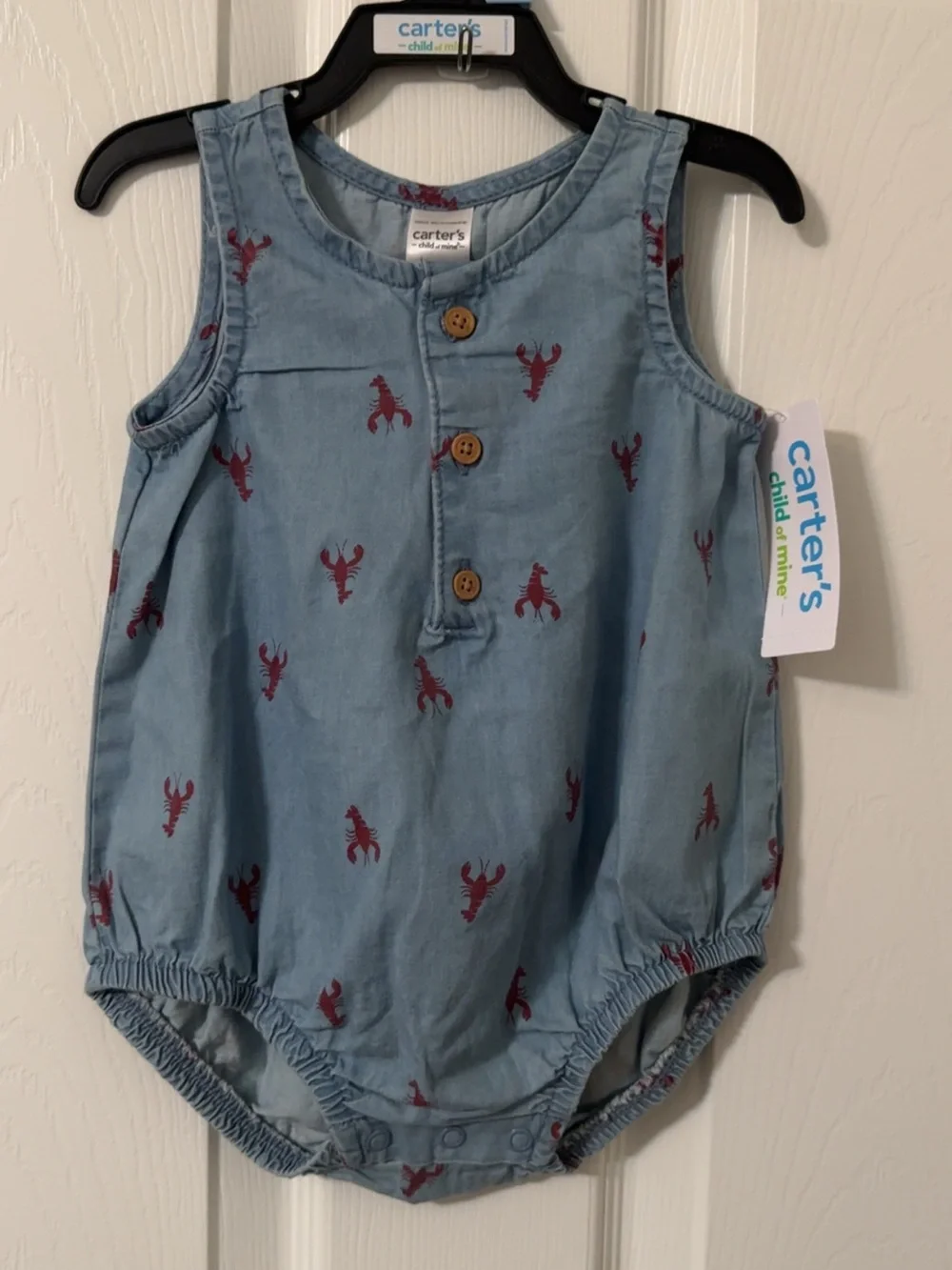 Carter's Blue Denim Baby Bubble Bodysuit with Red Lobster 🦞 Print